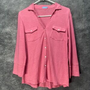 J. McLaughlin Brynn Linen 3/4 Sleeve Button Up Top Womens M Pink Collared Pocket